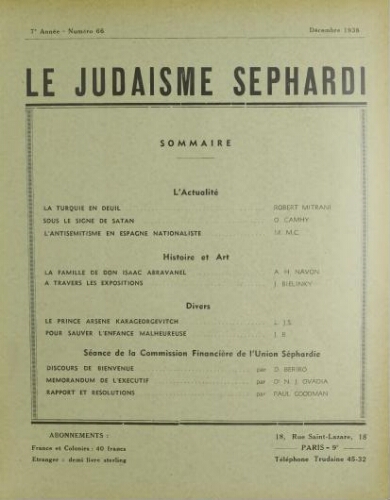 Le Judaïsme Sephardi N°66 (01 décembre 1938)